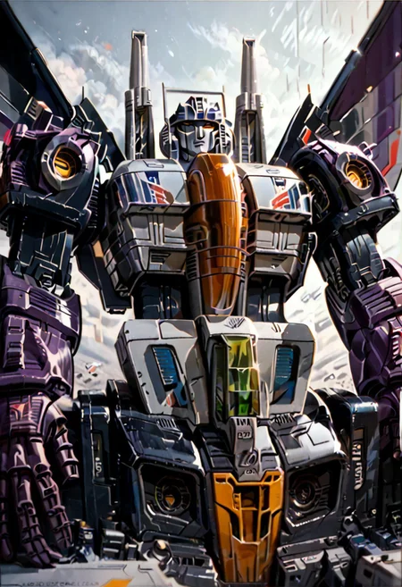 score_9_up, score_8_up, score_7_up,score_6_up, view from below, rating_safe, style_comics, transformers g1, ((decepticon))), transformers, starscream, robot with jet wings, green crystal in middle of chest, fans on sides of chest, vents on sides of head, black and purple, model pose,