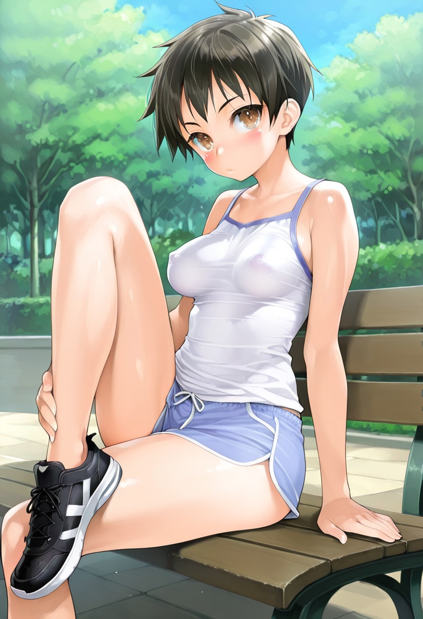 solo, 1girl, medium breasts, emotionless, blush, very short hair, black hair, tomboy, brown eyes, BREAK white shirt, sleeveless, blue shorts, black sneakers, thighs, slender body, covered nipples, BREAK park, day, outdoors, sitting on bench, sideview, upper view, looking at viewer, one leg up, holding leg, detailed background, BREAK ((ultra-detailed)), ((best quality)), ((beautiful eyes)), ((extremely detailed)), 4K, (8K), best quality, (beautiful), Master piece, highres, best quality, official art, highres, masterpiece, detailed background, high quality background