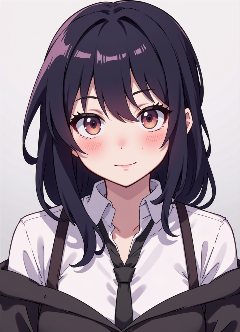 Flat colour anime style image showing adult woman with ahoge hair