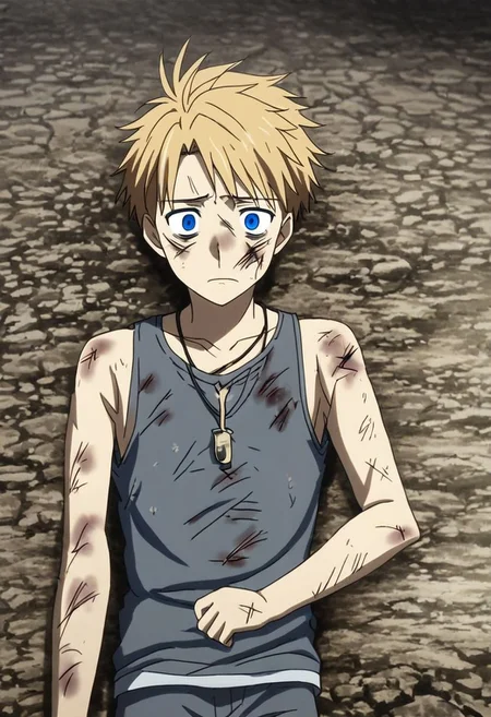 high resolution, solo, best quality, 1Boy, Yamato Ishida, Blond Hair, Blue Eyes, Necklace, lying down, conquered, hurt, dying, battered, blank stare, bruised, OverallDetail