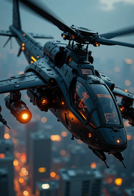 silhouette art, chiascuro, a_skynet_cyberdyne_systems_craft, the image is featuring a futuristic, highly advanced attack helicopter moving rapidly in the air above a cyberpunk city at night.  The hull is made of a dark gunmetal alloy with rivets, bolts, glowing LEDs and diodes, and the helicopter has large guns mounted on the exterior; the cockpit shows glowing led lights, and has a large air intake, motion blur on the propellor blades (black with yellow highlights), two-man crew visible through the cockpit window