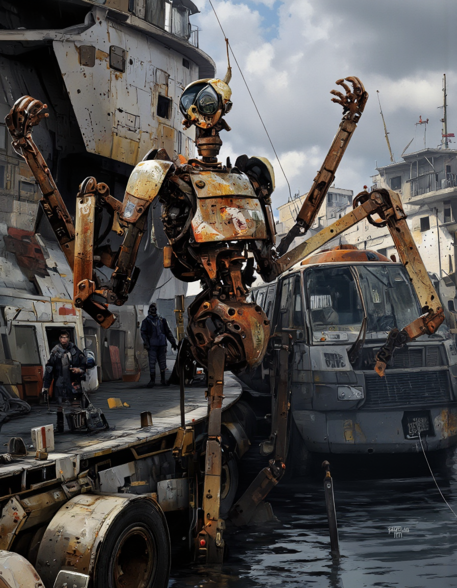 A digital illustration shoot from the side about a futuristic shipyard scene featuring a large, rusted, humanoid robot with multiple arms and legs, standing in the middle of the image. the robot is positioned on a ship's deck, surrounded by other vehicles and machinery, with a cloudy sky in the background. on the left of the robot, a few men are standing on the deck, one of them is holding a gun, while the other two are standing nearby. the scene is set in a post-apocalyptic world, with industrial elements and textures, and the robot appears to be in a state of disrepair, with rust and decay visible on its metal structure. the men are wearing casual clothing and appear to be engaged in some serious action, with one man holding a weapon and the other holding a camera, while another man is standing nearby, observing the scene. the overall atmosphere of the scene has a sense of danger and urgency, with the robot standing out in stark contrast to the other vehicles. the artist's signature "ian mcque" is visible in the bottom right corner, adding a touch of professionalism to the overall scene.