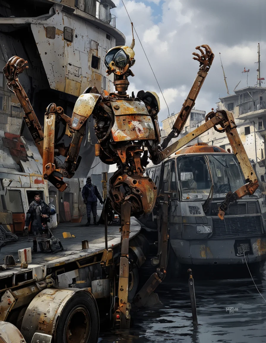 A digital illustration shoot from the side about a futuristic shipyard scene featuring a large, rusted, humanoid robot with multiple arms and legs, standing in the middle of the image. the robot is positioned on a ship's deck, surrounded by other vehicles and machinery, with a cloudy sky in the background. on the left of the robot, a few men are standing on the deck, one of them is holding a gun, while the other two are standing nearby. the scene is set in a post-apocalyptic world, with industrial elements and textures, and the robot appears to be in a state of disrepair, with rust and decay visible on its metal structure. the men are wearing casual clothing and appear to be engaged in some serious action, with one man holding a weapon and the other holding a camera, while another man is standing nearby, observing the scene. the overall atmosphere of the scene has a sense of danger and urgency, with the robot standing out in stark contrast to the other vehicles. the artist's signature "ian mcque" is visible in the bottom right corner, adding a touch of professionalism to the overall scene.
