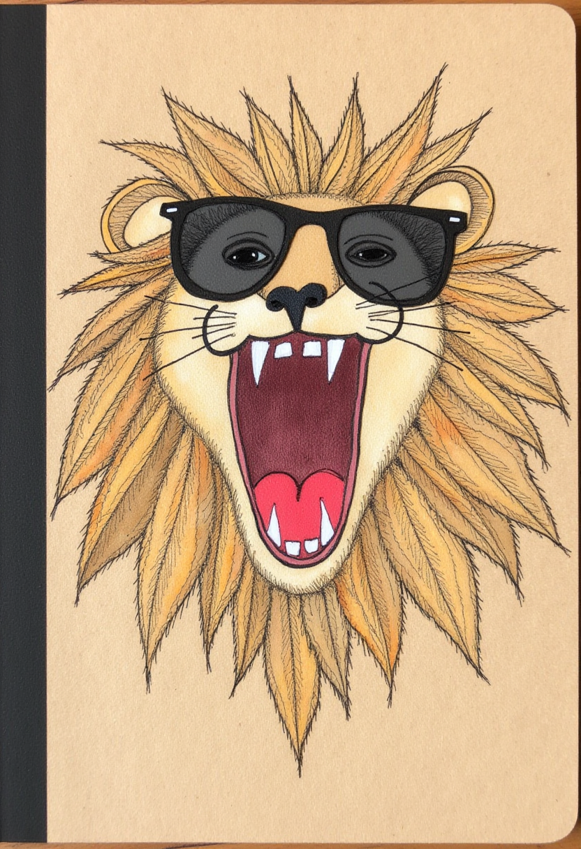 felt pen and watercolor drawing on a kraft cardboard notebook, a lion with sunglasses yawning, margeougreve,