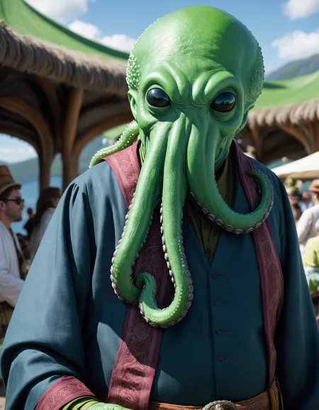breathtaking A fat green (skinned tentacled alien being wearing traditional clothing:1.3) on vacation enjoying the local party scene at afternoon in Rivendell by J.R.R. Tolkien . award-winning, professional, highly detailed