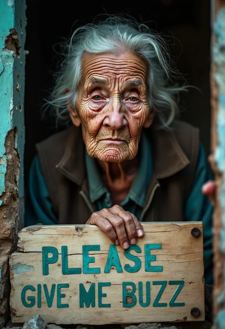 n elderly woman with deeply wrinkled, weathered skin is captured in a close-up using a 50mm Panavision Prime lens, revealing every intricate detail of her face. Dramatic lighting casts heavy shadows, highlighting the sorrow and exhaustion etched into her features. Her eyes, full of suffering, speak to years of hardship. The background, softly blurred, suggests a decaying slum with crumbling walls and debris. At the lower part of the image, a cracked wooden panel with rusted nails holds bold, capital letters carved into the wood, reading âPLEASE GIVE ME BUZZ.â The text, in a pastel color, blends with the wood grain, intensifying the gritty, distressed atmosphere, adding an ironic contrast to the somber mood.â