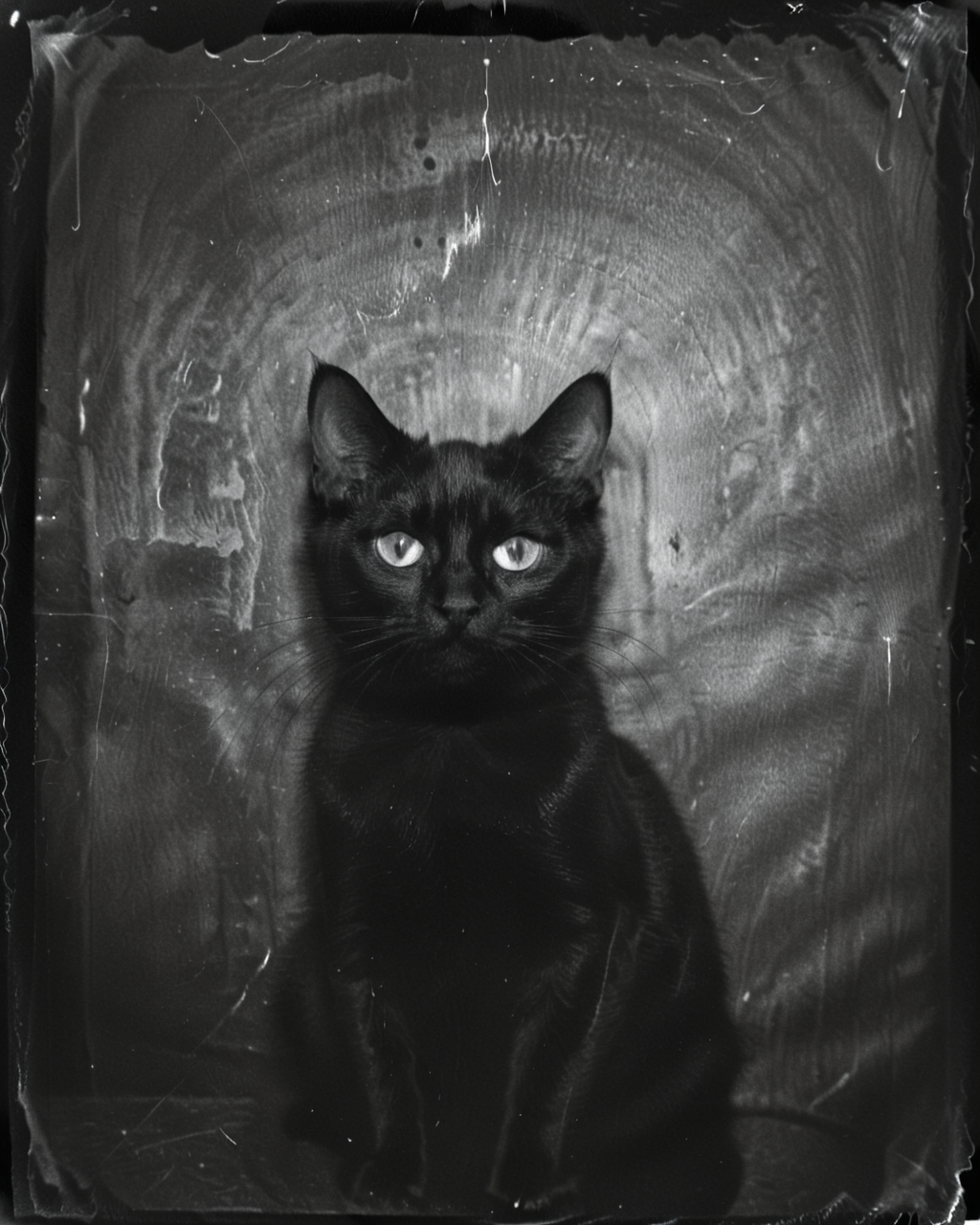 <lora:Old_Photo_Style:0.8> sinister, eerie, 01dPh0t0, black and white photo, distorted, grainy, film grain, Victorian, black cat