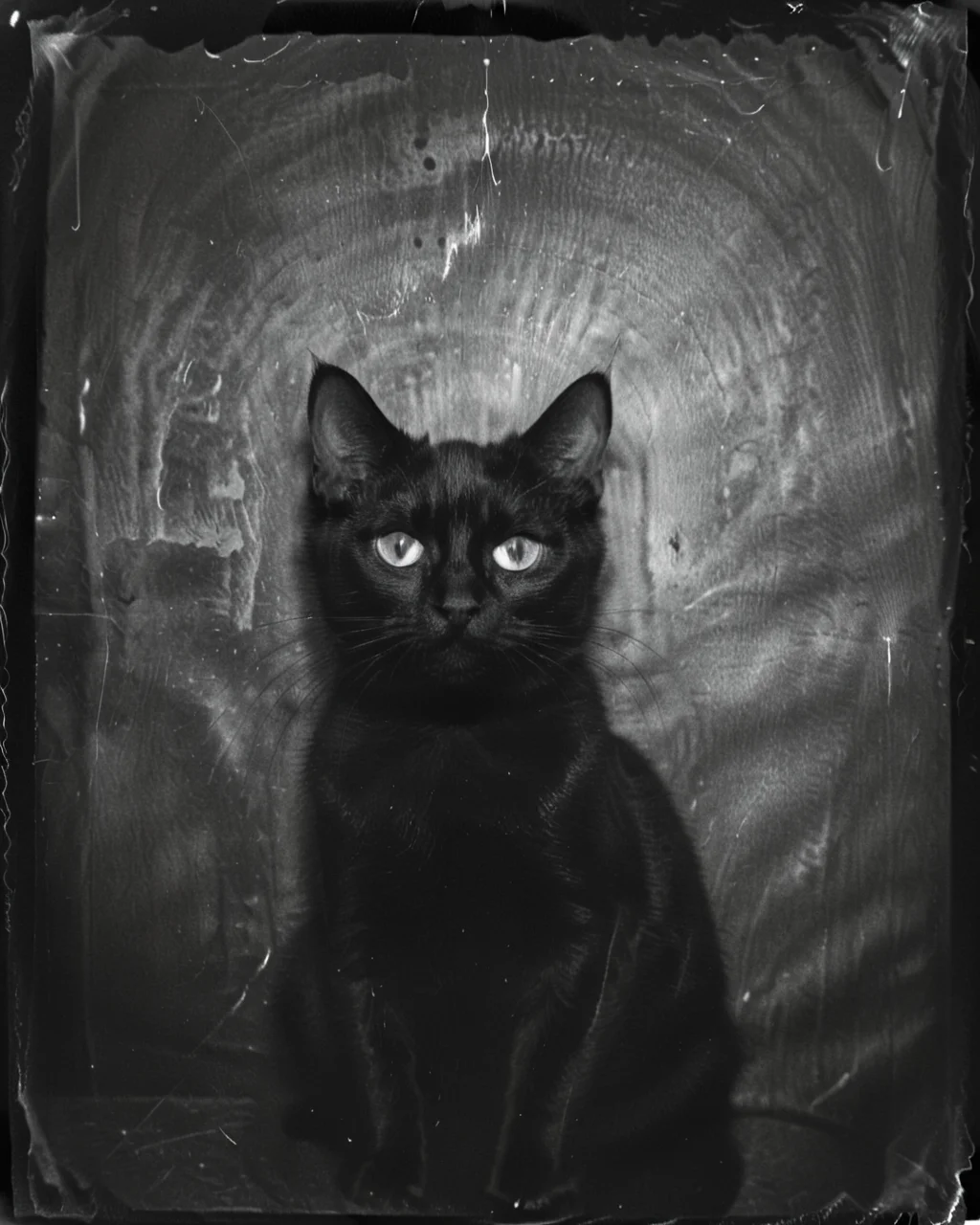 <lora:Old_Photo_Style:0.8> sinister, eerie, 01dPh0t0, black and white photo, distorted, grainy, film grain, Victorian, black cat
