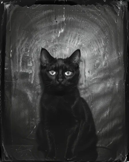 <lora:Old_Photo_Style:0.8> sinister, eerie, 01dPh0t0, black and white photo, distorted, grainy, film grain, Victorian, black cat