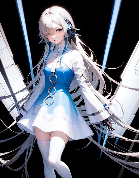 bluejoucho,hair_over_one_eye,1 girl , full body, <hypernet:dalcefoNocopyV2_dalcefoNocopyV2:0.6>, <lora:aMechaMusumeA_arc:0.6>, mecha musume, mechanical arms, headgear,<lora:ligneClaireStyleCogecha_v10:0.6> , ligne claire , clear line,