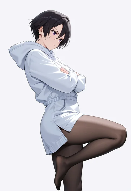 Smooth Quality,masterpiece,very intricate, high quality details, ultra realistic, high detailed skin,detailed enviorement,absurdres,
simple background, white background,solo,
dynamic pose, arms crossed, one leg bent, confident stance, slight head tilt, relaxed hands, ,from side,determined,frown,
<lora:Hinata_Sakaguchi_cnn:0.8> hintatacnn, 1girl,black hair, short hair,purple eyes,hair between eyes,
parka, ,hoodie, ,side slit pantyhose,,