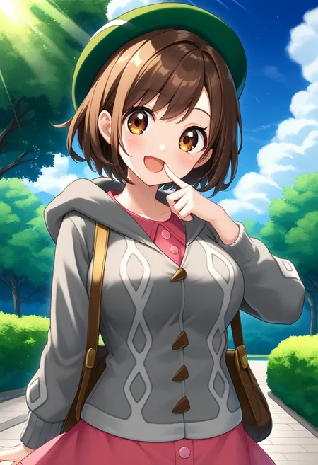 score_9, score_8, score_7_up, source_anime, (nsfw:1.0), BREAK,
cute 1girl, shiny_skin, (large breasts), skinny body, brown_hair, brown_eyes, tareme, green_headwear, hooded_cardigan, pink_dress,
angle:random,
smile, pointing own mouth,
outdoors, light particles, light rays, park, blue sky,