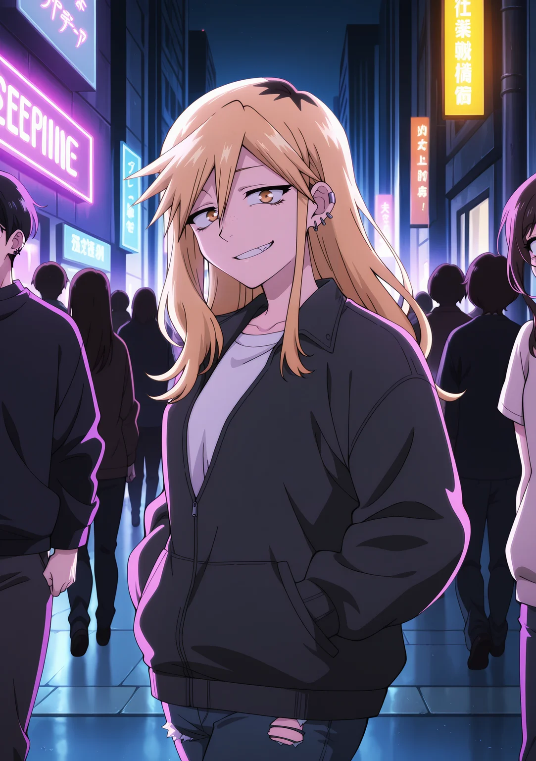 detailed background, official style,anime coloring, (anime screencap) masterpiece, detailed face,1girl <lora:Seri_Kikyou-15:0.9>Seri, two-tone hair, blonde hair, jewelry, piercing, yellow eyes, long hair, ear piercing, earrings, brown hair, bangs, stud earrings, bags under eyes, multiple earrings, sidelocks, hair between eyes, freckles,jacket, grin,walking, at night, looking at viewer, ripped jeans, hands in pocket, nighttime, city streets, neon signs, purple backlight, crowd behind, cowboy shot