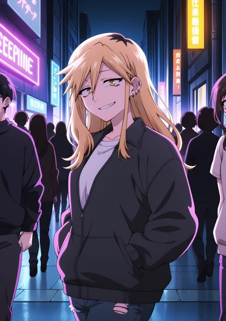 detailed background, official style,anime coloring, (anime screencap) masterpiece, detailed face,1girl <lora:Seri_Kikyou-15:0.9>Seri, two-tone hair, blonde hair, jewelry, piercing, yellow eyes, long hair, ear piercing, earrings, brown hair, bangs, stud earrings, bags under eyes, multiple earrings, sidelocks, hair between eyes, freckles,jacket, grin,walking, at night, looking at viewer, ripped jeans, hands in pocket, nighttime, city streets, neon signs, purple backlight, crowd behind, cowboy shot