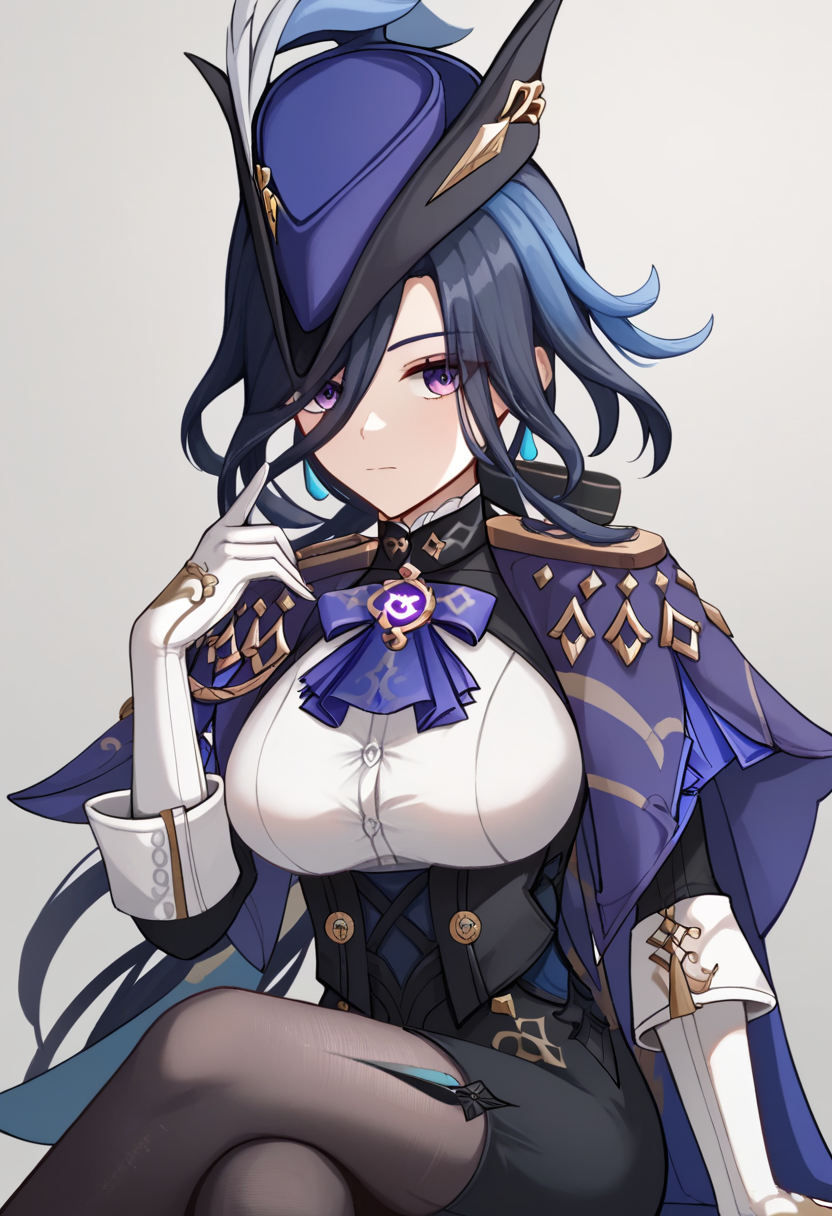 score_9,score_8_up,score_7_up,<lora:clorinde_pony:1>,1girl, solo, cowboy_shot, hand_up, large_breasts, vision_\(genshin_impact\), highres, black_corset, black_skirt, hat_feather, crossed_legs, elbow_gloves, closed_mouth, miniskirt, white_shirt, black_pantyhose, epaulettes, blue_cape, clorinde_\(genshin_impact\), grey_background, looking_at_viewer, pencil_skirt, hair_over_one_eye, taut_shirt, purple_cape, gradient_background, white_gloves, tricorne