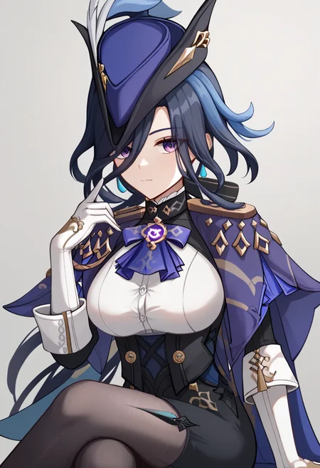 score_9,score_8_up,score_7_up,<lora:clorinde_pony:1>,1girl, solo, cowboy_shot, hand_up, large_breasts, vision_\(genshin_impact\), highres, black_corset, black_skirt, hat_feather, crossed_legs, elbow_gloves, closed_mouth, miniskirt, white_shirt, black_pantyhose, epaulettes, blue_cape, clorinde_\(genshin_impact\), grey_background, looking_at_viewer, pencil_skirt, hair_over_one_eye, taut_shirt, purple_cape, gradient_background, white_gloves, tricorne