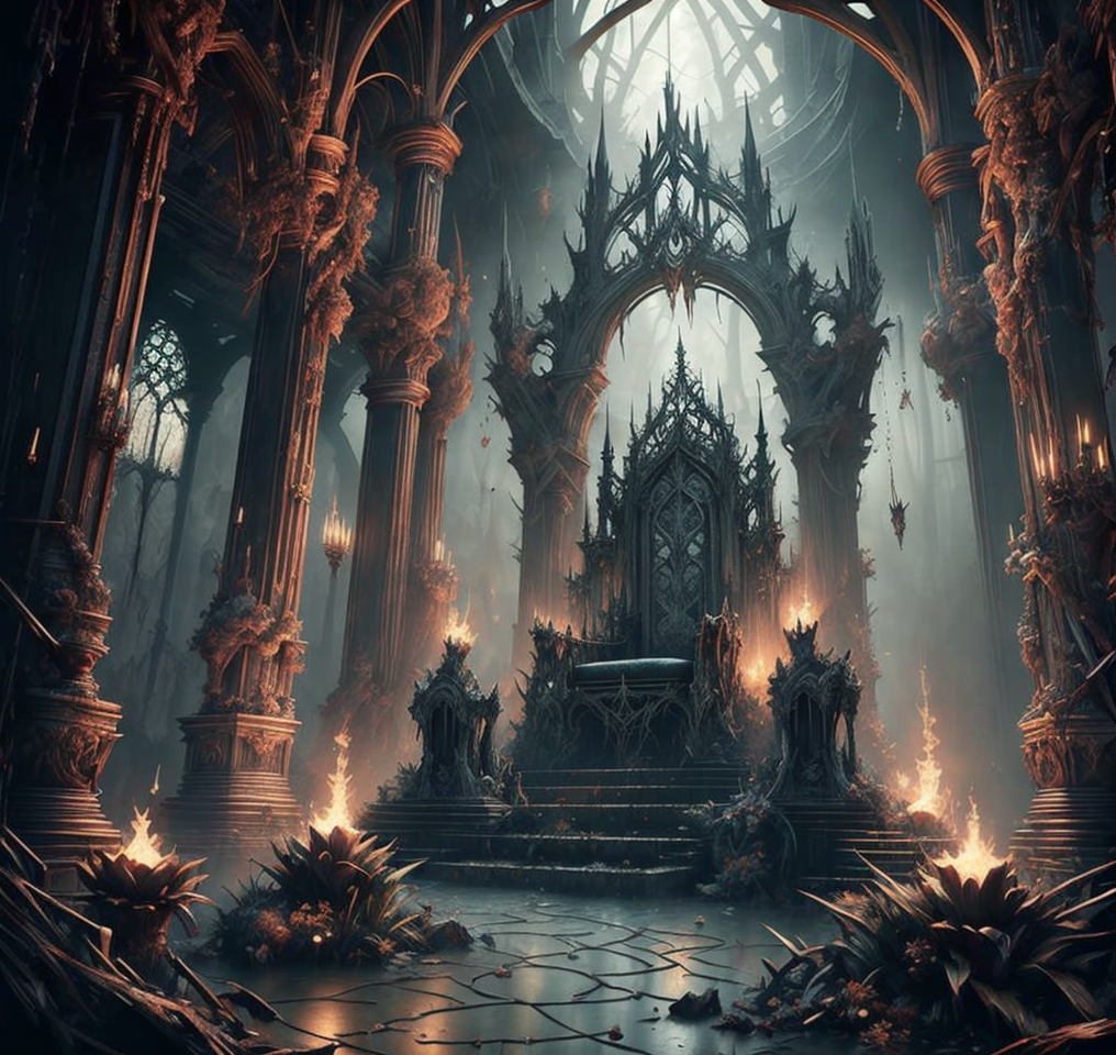RAW photo, (masterpiece:1.3), subsurface scattering, heavy shadow, (high quality:1.4), (intricate, high detail:1.2), professional photography, HDR, High Dynamic Range, realistic, ultra realistic, photorealistic, high resolution, film photography, ambient lighting, atmospheric effects, <lora:detail_slider_v4:2>, OverallDetail, a long and sinister gothic hall with an elaborate throne in the middle on a dais, firelight, throneroom, (DarkFantasy:0.4), Style-SwampMagic, style-sylvamagic, <lora:ThroneRoom-10:1>, epiCPhoto