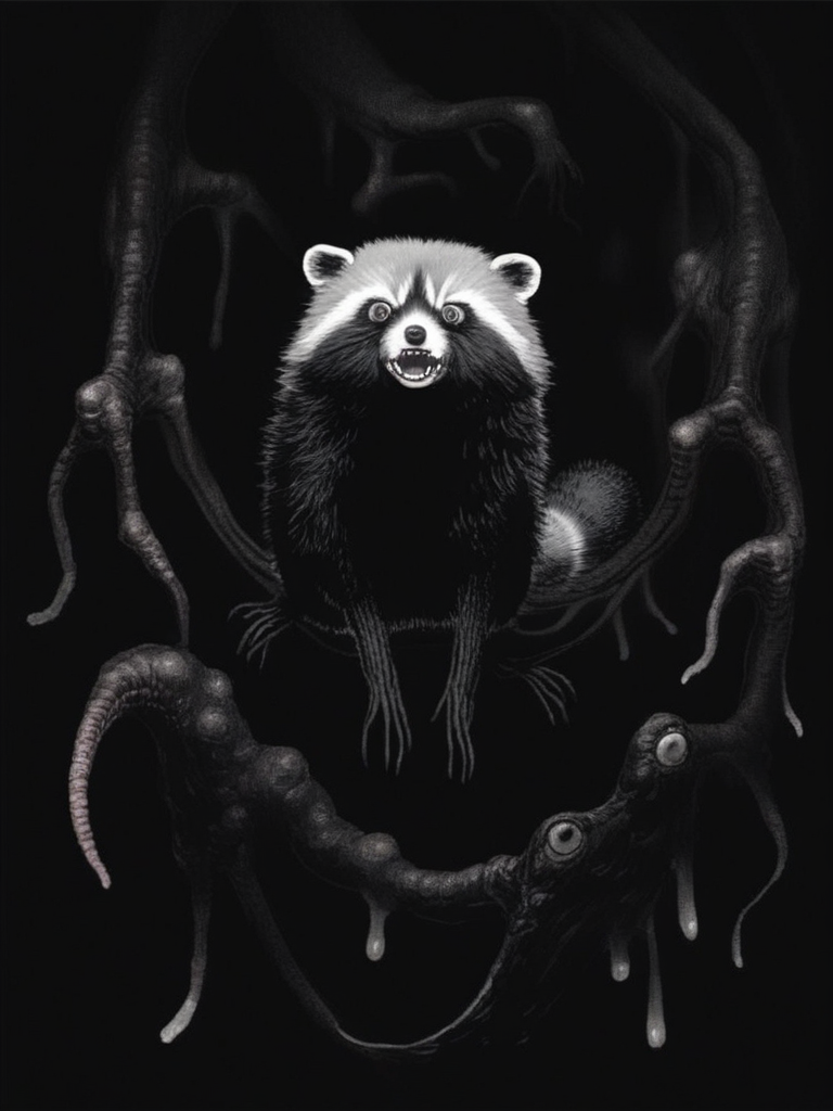 horror, the creature, Raccoon-like, black background, frightening monster, manga
 score_8_up   <lora:Kentaro Miura's Berserk 4-000001:.81> <lora:Gesundheit:.61> <lora:Retroscifi-Pony1-000011:.61>