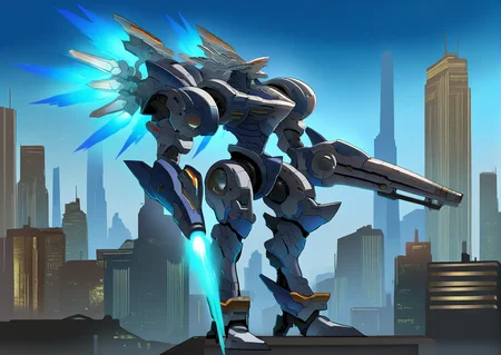 sfw, masterpiece, best quality,absurderes,no humans,arm cannon,dorugoramon mecha,thrusters,solo,robot focus,outdoors,city,cyberpunk 2077 <lora:DorugoramonIllustrious:0.9>