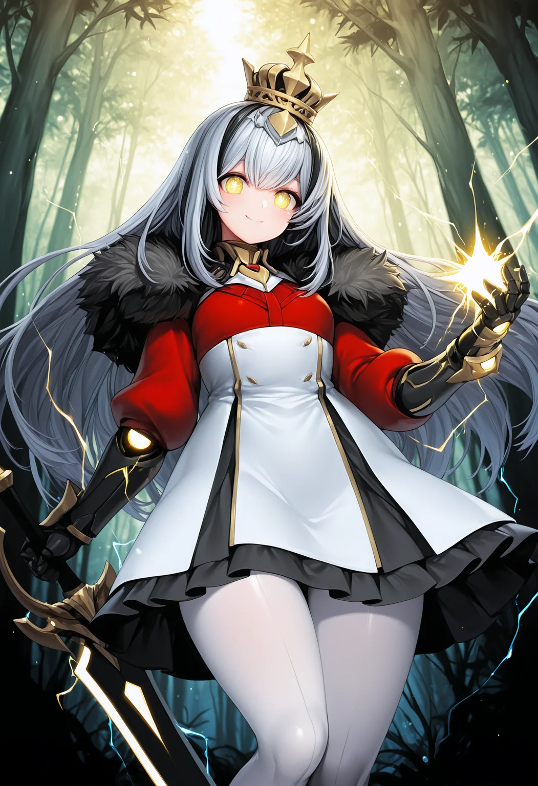 ,1girl, solo, long hair, looking at viewer, smile, black hair, dress, holding, yellow eyes, white hair, grey hair, weapon, multicolored hair, pantyhose, sword, white dress, holding weapon, two-tone hair, symbol-shaped pupils, fur trim, holding sword, crown, red shirt, gauntlets, nature, white pantyhose, forest, electricity, mini crown, mechanical arms,masterpiece,best quality,newest,absurdres,highres,very awa,detailed backgroud,<lora:SNOWBALL_Style:1> <lora:None:1.0>