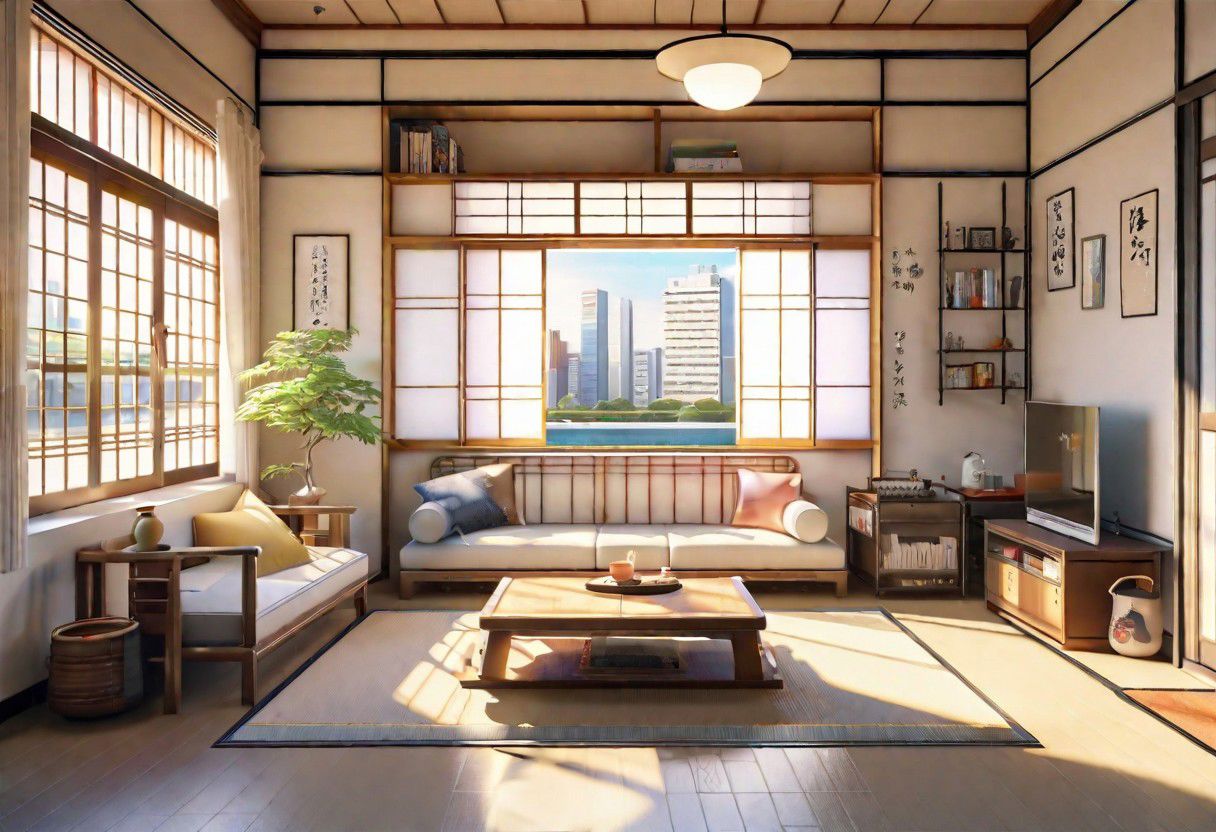 ((front view)), ((Japanese animation style)), modern-style interior, with white walls, (large windows), Nordic-style furniture, a  study, Sofa, coffee table, bookcase, single wall, 
warm light morning sun, (the view of the city)