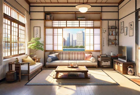 ((front view)), ((Japanese animation style)), modern-style interior, with white walls, (large windows), Nordic-style furniture, a  study, Sofa, coffee table, bookcase, single wall, 
warm light morning sun, (the view of the city)