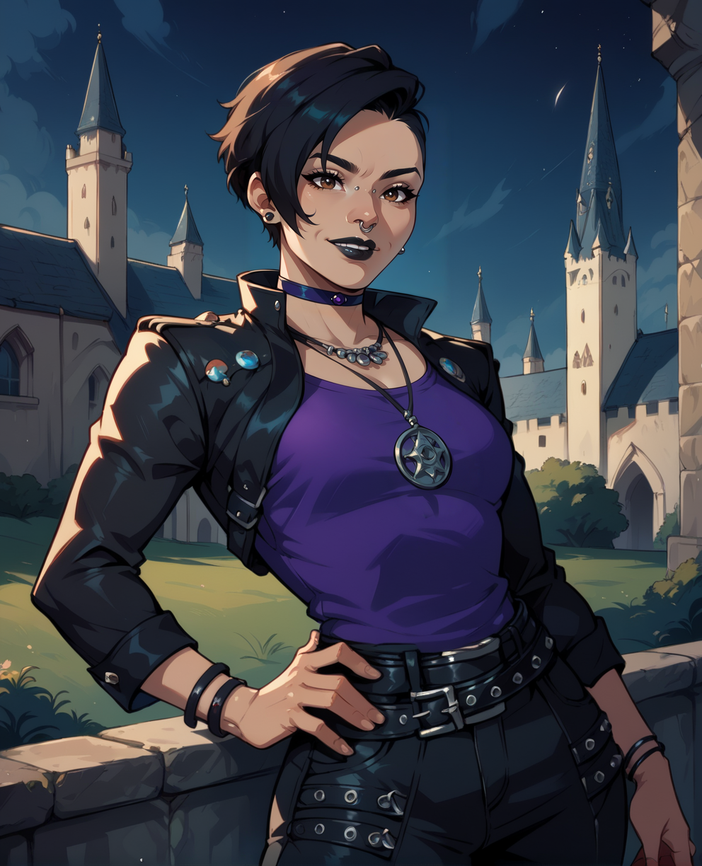 score_9,score_8_up,score_7_up,score_6_up,
nicoxl,piercing,nose piercing,black hair,hair to side,black lips,short short hair,brown eyes,
earrings,necklace,leather jacket,purple shirt,belt,black pants,bracelet,choker,
standing,light smile,hand on own hip,
night,outside,cathedral,wall,<lora:nicoXL:0.8>,