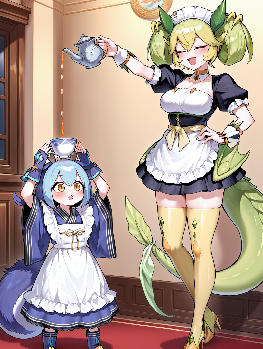 2girls,white wrist cuffs,white maid headdress,yellow thighhighs,green claw high heels,parlor dragonmaid,black maid costume,teapot,holding teapot,closed eyes,open mouth,teacup,holding teacup,arms up,pouring,standing,smile,blush,medium breasts,laundry dragonmaid,blue fingerless gloves,blue maid outfit,blue knee boots,indoors,
masterpiece,best quality,amazing quality,very aesthetic,absurdres,newest,<lora:parlor dragonmaid illuXL v1.1:0.84>,
