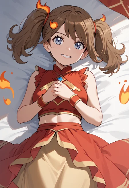 Lying on the back, arms crossed over chest, looking at viewer, smile, <lora:MayORASPony:1>May_Syg, medium hair, brown hair, twintails, blue eyes, hair ornament, flame-shaped hairpin, golden trims, red crop top, midriff, star emblem, sleeveless, red bracelet, red overskirt, yellow skirt,, score_9, score_8_up, score_7_up, score_6_up, score_5_up, score_4_up,
