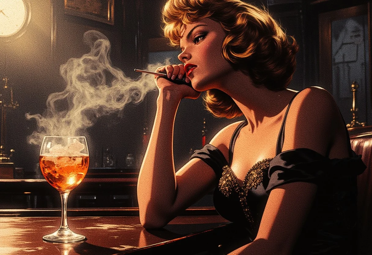A sultry, dimly lit 1950s cocktail lounge, cigarette smoke swirling in the air, thick with the scent of bourbon and cheap perfume.  A lone, beautiful woman, her face framed by the soft, smoky light, sits at a polished bar, a single, amber-hued drink reflecting the melancholy in her eyes.  Her Mafia-style outfit, a tight, black silk dress adorned with delicate gold embroidery, contrasts starkly with the shadowy ambiance.  Her lips, a pale crimson, press against the ice in her glass, a silent tremor in her posture revealing a profound heartbreak.  A single tear trails down her cheek, a glistening pearl against the harsh shadows.  Her expression suggests a desperate longing – her gaze, fixed on an empty space before her, evokes a question: Did love, like a fleeting glimpse of starlight past a window, pass her by?  The muted jazz music from a nearby corner fades into the background, a mournful melody mirroring the girl's despair.  Each polished surface mirrors the unspoken story etched on her face.