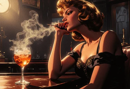 A sultry, dimly lit 1950s cocktail lounge, cigarette smoke swirling in the air, thick with the scent of bourbon and cheap perfume.  A lone, beautiful woman, her face framed by the soft, smoky light, sits at a polished bar, a single, amber-hued drink reflecting the melancholy in her eyes.  Her Mafia-style outfit, a tight, black silk dress adorned with delicate gold embroidery, contrasts starkly with the shadowy ambiance.  Her lips, a pale crimson, press against the ice in her glass, a silent tremor in her posture revealing a profound heartbreak.  A single tear trails down her cheek, a glistening pearl against the harsh shadows.  Her expression suggests a desperate longing – her gaze, fixed on an empty space before her, evokes a question: Did love, like a fleeting glimpse of starlight past a window, pass her by?  The muted jazz music from a nearby corner fades into the background, a mournful melody mirroring the girl's despair.  Each polished surface mirrors the unspoken story etched on her face.