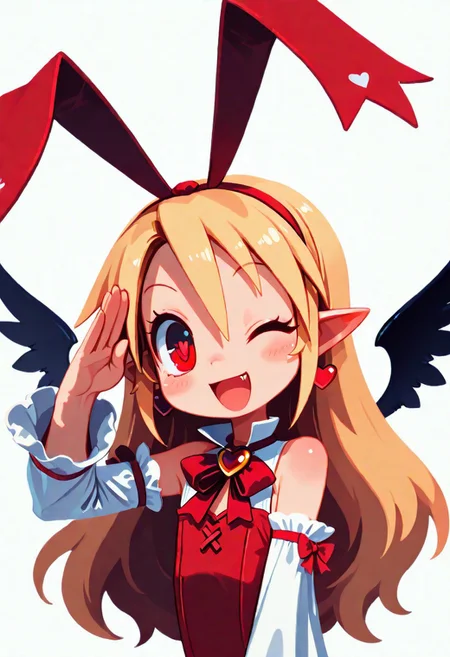 masterpiece,best quality,amazing quality, newest, very awa, Smooth, no lineart, no outline, very aesthetic, Flatline, Flat vector illustration, flat colors, Colorful themes, High Saturation, haiz_ai, orenji,
.
1girl, solo, eyelashes, (beautiful eyes), upper body, Fallen Angel Flonne, 1girl, solo, long hair, looking at viewer, smile, open mouth, blonde hair, red eyes, white background, bow, ribbon, jewelry, heart, hairband, earrings, detached sleeves, one eye closed, pointy ears, fang, leotard, salute, red leotard, heart earrings, from above, dynamic pose, cowboy shot, smile, looking at viewer, shiny skin, ,