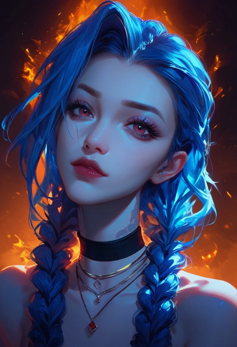 score_9, score_8_up, score_7_up, Expressiveh, jinx, innocent, blue hair, looking at viewer, makeup necklace, jewelry, braids, choker, long eyelashes, golden light, fire background