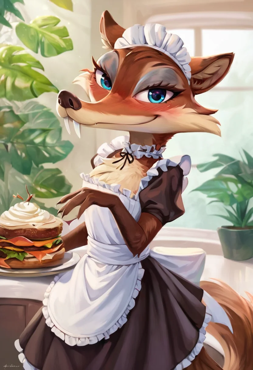 zPDXL, score_9,score_8_up,score_7_up,_up,source_cartoon, best quality, amazing quality, masterpiece, 1girl, looking at viewer, solo, <lora:DankFlank-05:1>, dank flank, wet, blush, maid, sexy maid outfit, indoor, kitchen, plant in the pot, diner, smug, fullbody, <lora:Scratte-04:0.8>, scratte, fangs, saber-toothed, blue eyes, red-brown fur,