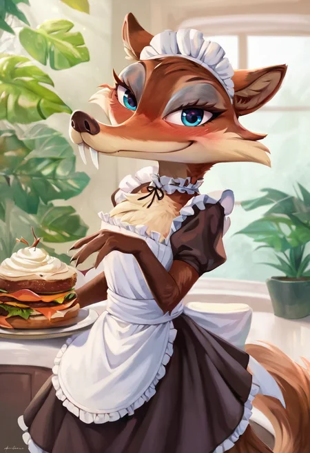zPDXL, score_9,score_8_up,score_7_up,_up,source_cartoon, best quality, amazing quality, masterpiece, 1girl, looking at viewer, solo, <lora:DankFlank-05:1>, dank flank, wet, blush, maid, sexy maid outfit, indoor, kitchen, plant in the pot, diner, smug,  fullbody, <lora:Scratte-04:0.8>, scratte, fangs, saber-toothed, blue eyes, red-brown fur,