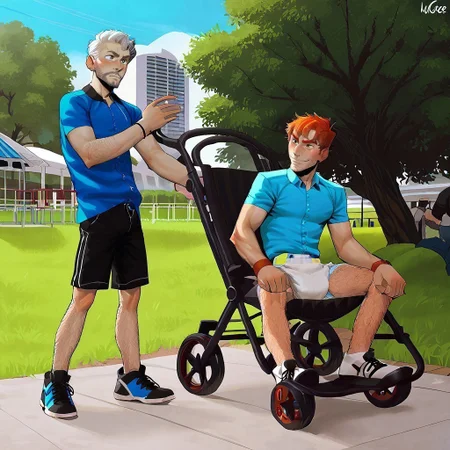 safe_pos, safe_pos, score_8_up, score_9_up, source_anime, incase, highly detailed, 2 men, man1 grey hair, man1 muscular, man1 attractive, man1 wearing black t-shirt, man1 wearing khaki shorts, man1 wearing matching black sneakers, man1 standing next to man2, adult_stroller, man2 sitting in stroller, restraints, man2 restrained in stroller seatbelt, at park, playground setting, man2 short blond hair, man2 short wavy blond hair, man2 attractive, abdl, man2 wearing thick diaper, diaper, man2 wearing big diaper, man2 bare legs, man2 wearing blue t-shirt, man2 wearing matching sneakers, eyes open, happy, man2 hairy legs, source_anime