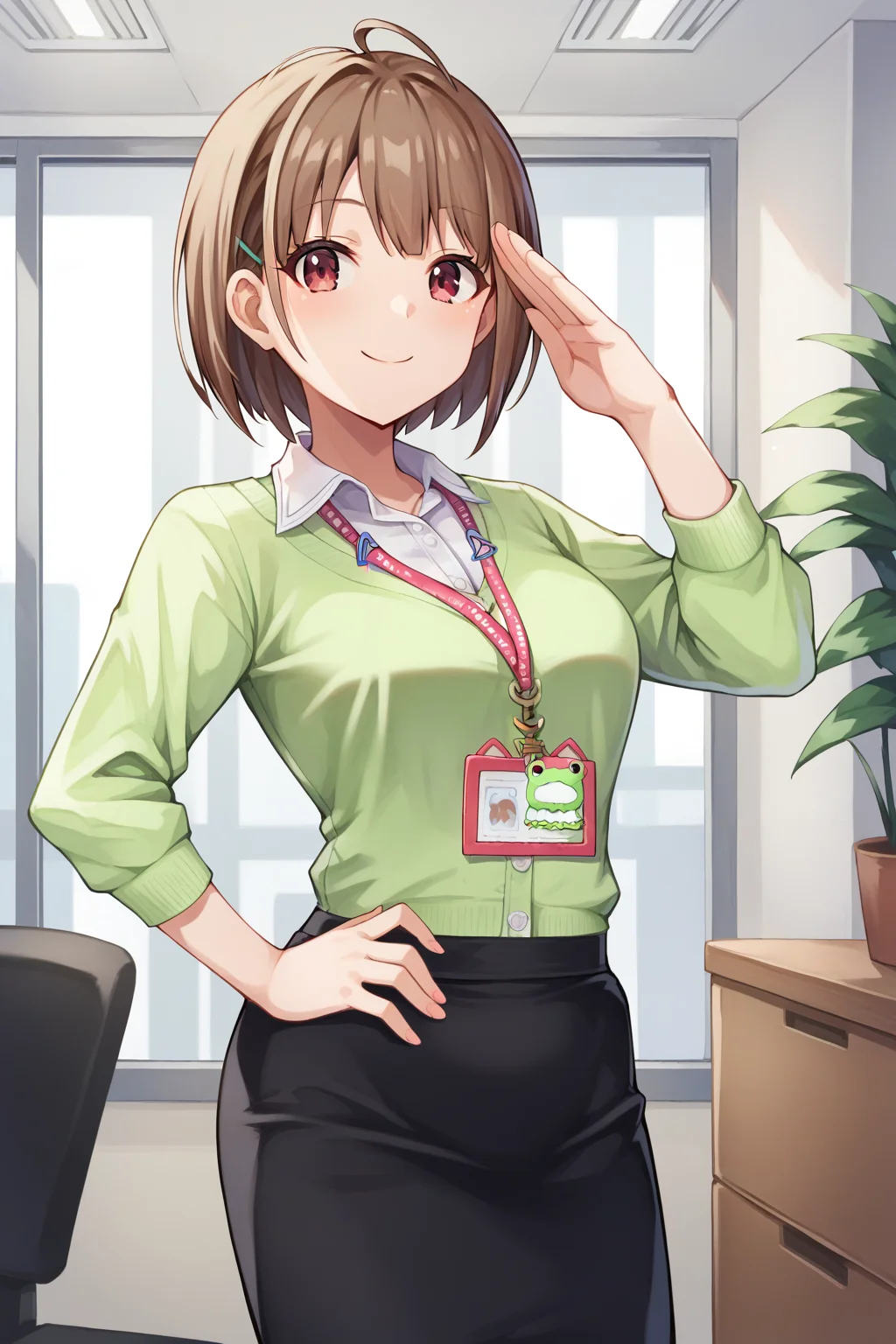 score_9, score_8_up, score_7_up, source_anime, nodokahaurusaki, <lora:harusaki_nodoka_XL:0.9>, 1girl, solo, brown hair, short hair, ahoge, hairclip, red eyes, medium breasts, office lady, cardigan, green cardigan, white shirt, collared shirt, long sleeves, black skirt, pencil skirt, black pantyhose, lanyard, id card, indoors, office, looking at viewer, smile, closed mouth, salute, hand on own hip, cowboy shot