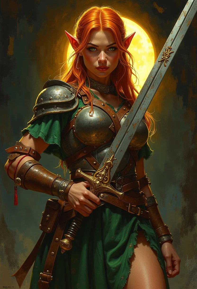 style of Gil Elvgren a (fierce feral) redheaded elf woman posing with large sword. sun beam. green eyes, wearing a leather breastplate over a ragged green dress. pinup art. dark background