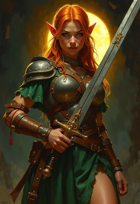 style of Gil Elvgren a (fierce feral) redheaded elf woman posing with large sword. sun beam. green eyes, wearing a leather breastplate over a ragged green dress. pinup art. dark background