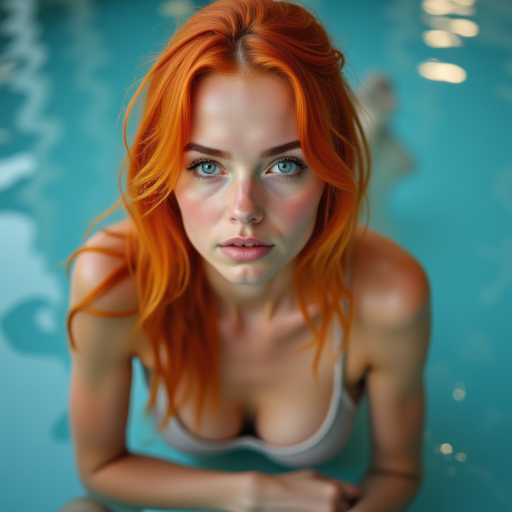 hyper-realistic photograph of a young woman with striking features and vibrant hair. She has porcelain skin with a subtle, The image is a high-resolution photograph of a young woman lying on a bed, giving her a striking appearance. Her facial features are symmetrical and delicate, and she has piercing blue eyes that gaze thoughtfully into the distance., bright orange hair that cascades down her back, showcasing a young woman with striking features. She is standing in a swimming pool, athletic build with a small to medium-sized bust., with each strand neatly woven and styled.