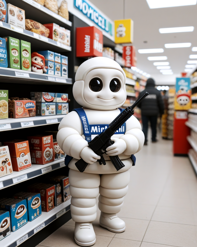score_9, score_8_up, score_7_up, chibi michilen man, small, cute, chibi, standing outside a convenience store, wearing a ski mask, holding a gun,
<lora:MM:0.8> hud_michelin, <lora:zhibi:1>, zhibi,