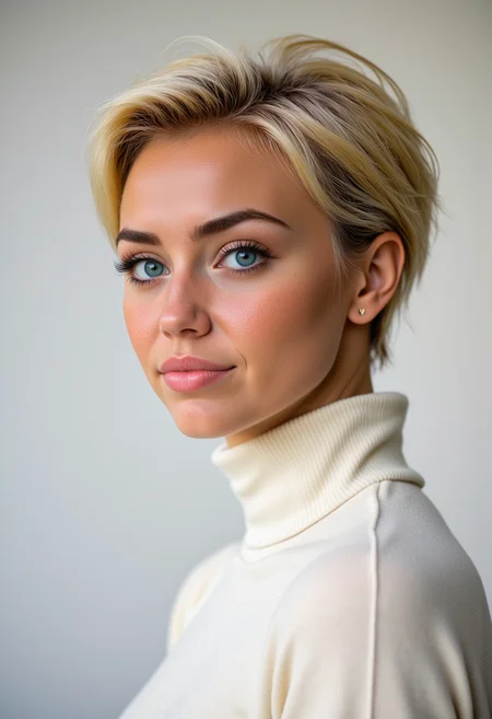 profile Headshots, portrait, She is approximately 18 years old, Hyperrealistic, she is smiling, dynamic angles, multiple angles,  she is looking at the camera, photoshoot poses; a photo of HM_OlderV1, a woman with a pixie blonde haircut, a woman wearing a white turtleneck sweater, she has huge breasts, busty breasts. Simple grey background, creating a focused and dynamic pose.; the scene is set in a beautiful well-lit environment, with a sense of action and adventure.  Style: realistic hyper-detailed rendering, 32k UHD, expressive eyes, punk, graphic design, girl's face, pretty and cute, gleaming lips, telling a tale of adventure. Exuding confidence and serenity. The overall mood of the image is happy and relaxed, detailed skin texture,(blush:0.2),(goosebumps:0.3), subsurface scattering,with a playful and whimsical tone,perfect hand, hand, detailed hand,niji style,retro50s_style,