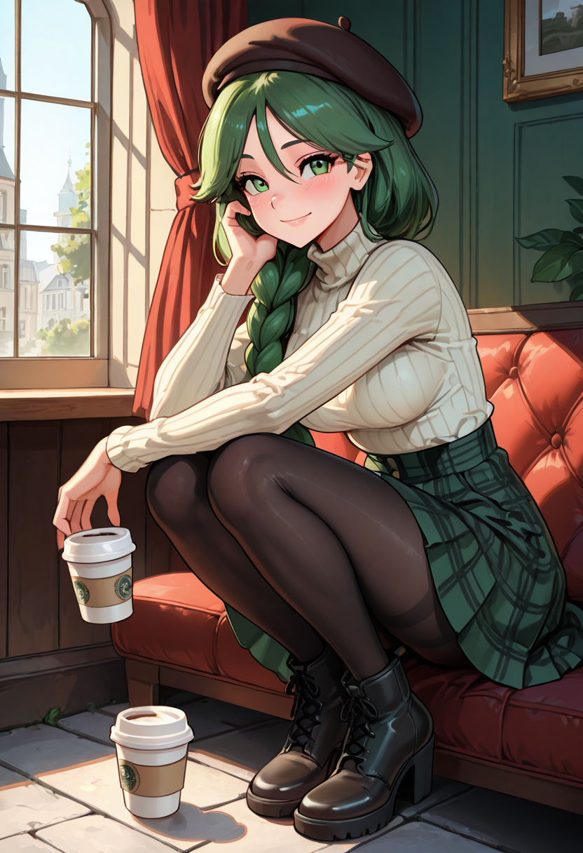 masterpiece, best quality, 1girl, solo, eyelashes, (beautiful eyes), narrow waist, smile,    [French Chic Window Seat], zzCheryl, green eyes, single braid, hair over shoulder, black turtleneck, plaid skirt, beret, sheer tights, ankle boots, coffee cup, Parisian apartment, soft natural light â zzCheryl sits on a window seat framed by linen curtains, one knee drawn up as she holds a delicate porcelain cup near her lips. Her braid falls perfectly over her shoulder as she watches the cobblestone street below, Parisian rooftops stretching to the horizon. The light wraps her in a quiet sophistication, timeless and impossibly elegant.  ,<lora:CherylPokemon_IXL_v2:0.8>,   <lora:CoutureCraze_IXL:0.7>,