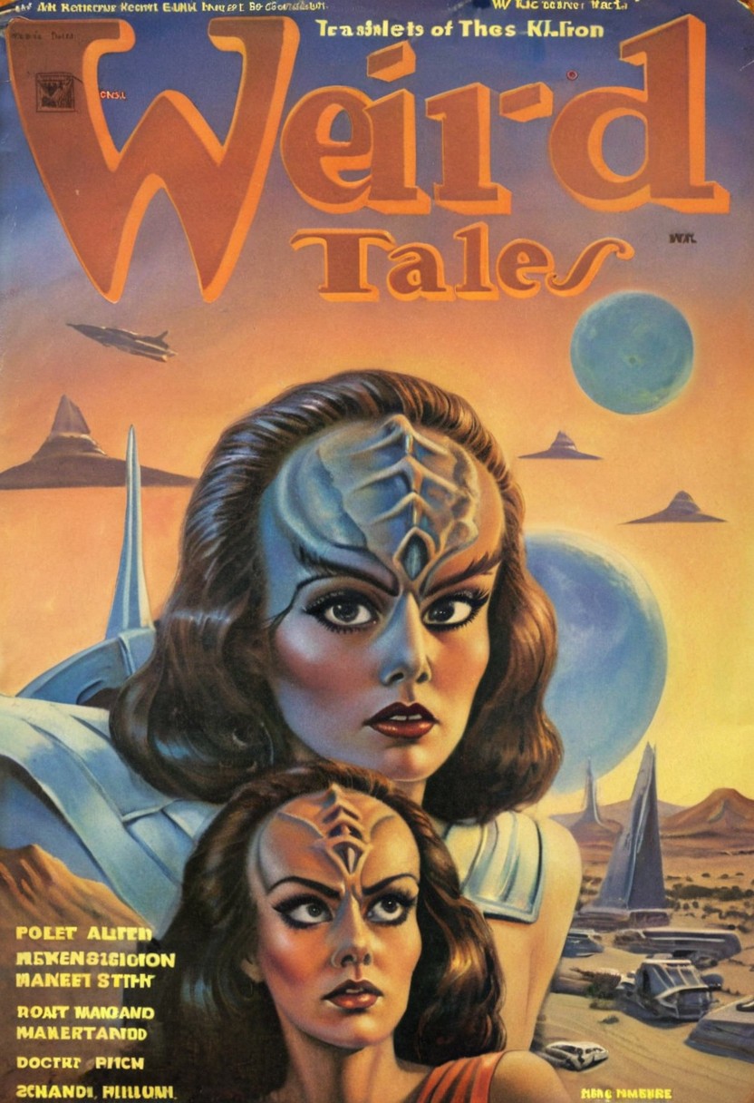 1990s Weird Tales pulp magazine cover,
female kling0n alien, forehead ridges, brown skin, nose ridges, large eyebrows, standing on a desert planet with a retro futuristic city far in the background