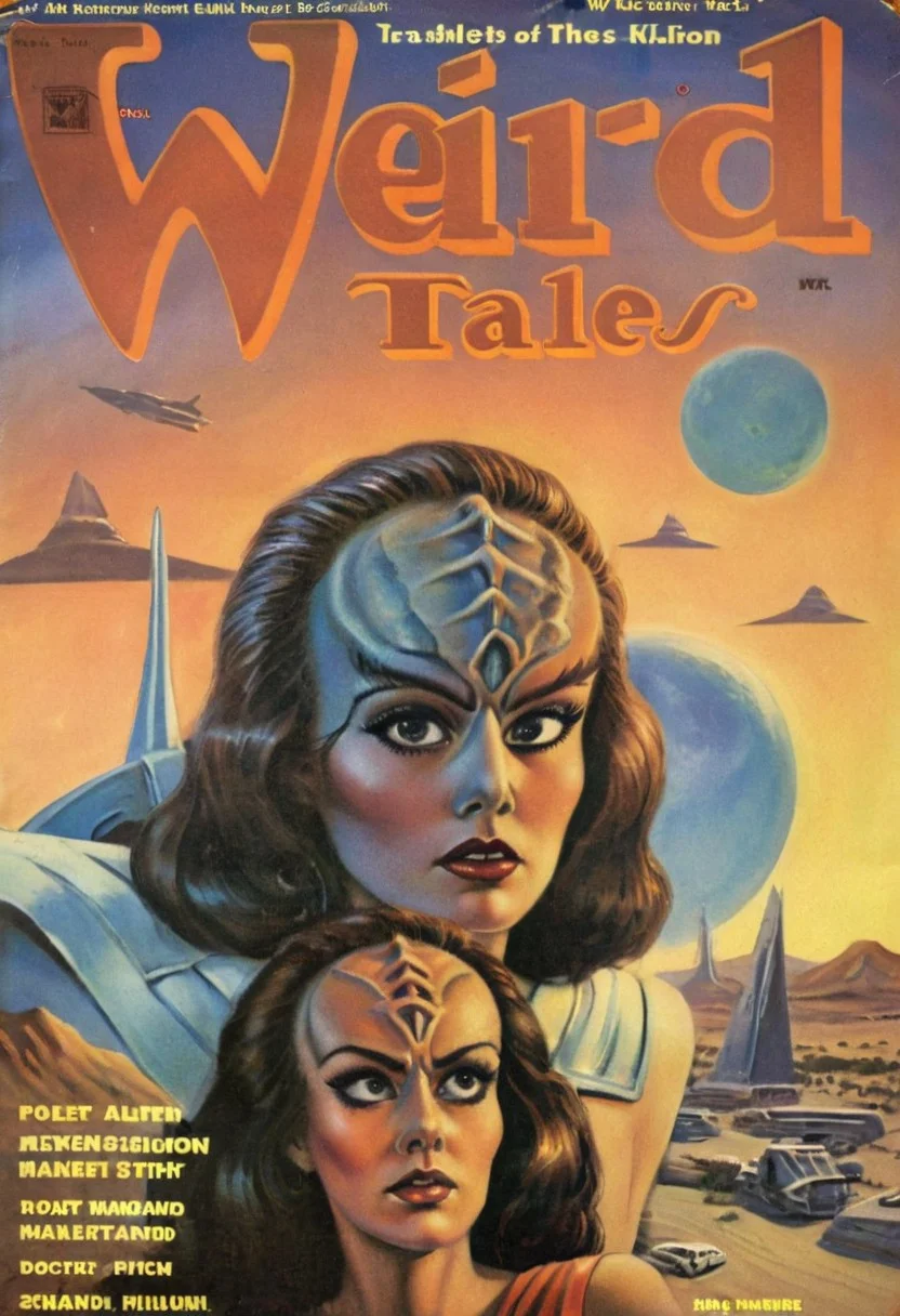 1990s Weird Tales pulp magazine cover,
female kling0n alien, forehead ridges, brown skin, nose ridges, large eyebrows, standing on a desert planet with a retro futuristic city far in the background