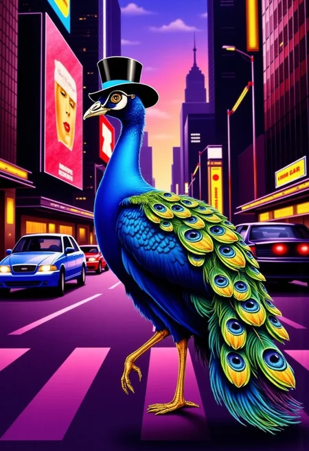 A flamboyant peacock wearing a top hat and monocle, strutting down a city street with towering neon billboards, illustration in the style of BRSH