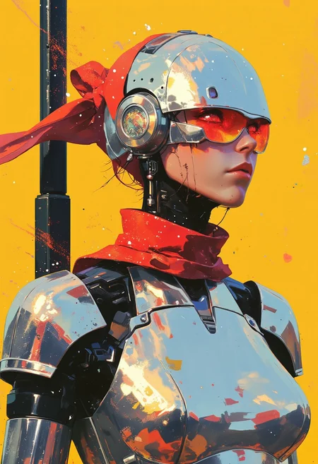 A hyper-realistic 8K portrait-style illustration of a *revenantpdxl* female humanoid robot in *Chromecore* style, featuring a beautifully crafted female face with polished silver metal skin reflecting vibrant colors and gradient hues across its armor-like structure with shimmering iridescent tints. The robot's sleek form is adorned with a bright *red bandana* tied around its head and a loosely wrapped *red scarf* around its neck, offering a vivid contrast against the smooth metallic body. She sports Futuristic Narrow Cyclops Color Mirrored Lens Visor Sunglasses with eye-catching mirrored lenses, crafted from an acetate frame and mirrored polycarbonate UV-protected shield lens. Standing tall against a *simple background* of solid yellow, a glossy black iron rod is fixed perpendicularly into the ground behind her, adding depth without distraction. Her beautifully designed metallic face seamlessly transitions between bright chrome-like reflections and deep shadows, maintaining the sharp, sleek *Chromecore* aesthetic. The vivid red accessories and mirrored visor elevate her powerful, stoic presence, blending futuristic metallic essence with bold, vibrant accents. The entire composition gives the robot a cold yet dynamic, otherworldly aura, as her dynamic pose captures both strength and elegance, reflecting the *Mangaka style* influence.