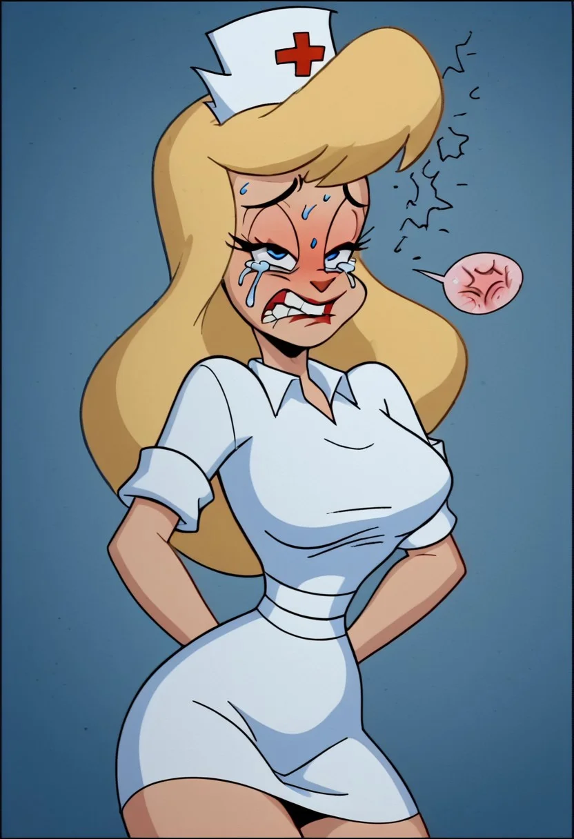 score_9, score_8_up, score_7_up, rating_questionable, zPDXL, 2d source_cartoon, (adult:1.2), facing the viewer, , horny, solo 1girl
<lora:Hello_Nurse_XL_Animaniacs:1> Heloise Nerz, 1girl, dirty messed burnt blonde  hair, blue eyes, totally burnt hair, sexy, horny, crying, scared, in love, extremely dirty white dress, hardly beaten fifty times, confused, deeply humiliated face, depressed face, black eyes, circles under eyes, beaten by ninty boxers, broken heart, under arrest, broken arms, toothless face, no tooth, smashed teeth, crazy emotion, extremely violently beaten face, ten times more extremely violently beaten face, big deep shiners on both eyes, narrow waist
<lora:Expressive_H:1>
<lora:r3nst1mpyXLP:1> r3nst1mpy,aaa