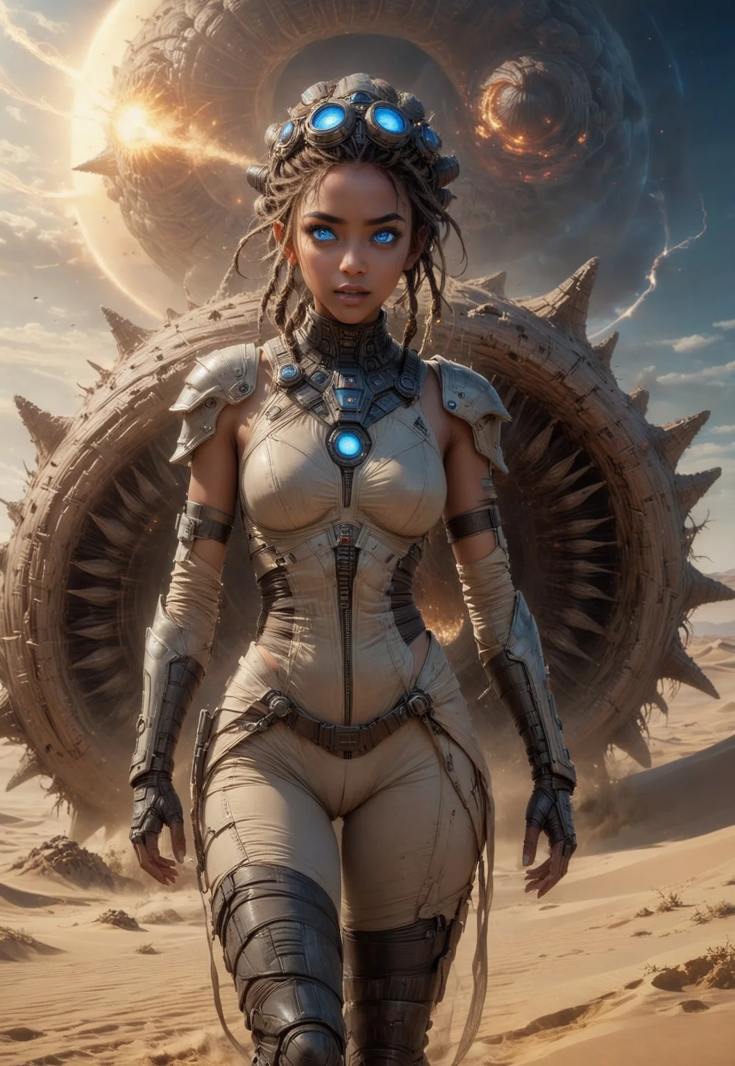 embedding:urn:air:sd1:embedding:civitai:222256@250708, (absurdres, highest quality, very aesthetic, intricate details, masterpiece, award-winning, official artwork, 8k, UHD, HDR:1.3),
(breathtaking November Annabella Nova Terra standing in front of a sandworm during a sandstorm, Nova (StarCraft), gorgeous, (dark skin:1.2), cute face, exotic eyes, (blue eyes, glowing eyes:1.6), full lips, braided crown hairstyle, skindentation, detailed skin shading, looking at viewer, (hero view, dynamic pose, full-body view:1.2)),
futuristic background, sci-fi background, outside backgroudn, orbital view, planetary view,
cinematic scene, sexy pose, hyperrealism, RAW photo, sharp focus,
optical effects, lighting effects, light leaks,
digital painting,
nostromostyleai,
sexyai,
7-dune, sand worm,