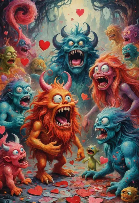 colourful long haired monsters in a chaotic valentines wonderland, full colour magazine photo, 1958, ral-dissolve, linquivera, liiv1